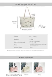 Detailed size specifications and material chart for large capacity floral print tote bag