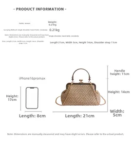 Size comparison of woven shell bag with iPhone 16 Pro Max showing product dimensions