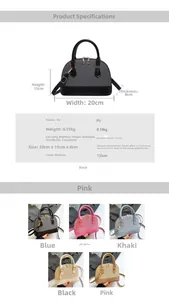 Detail specifications of PU leather shell bag showing dimensions and adjustable strap length
