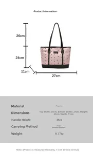 Detailed size chart of pink tote bag with bow print and polyester material dimensions