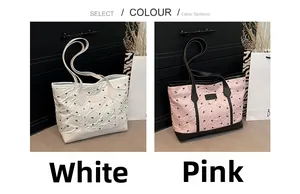 Detail showing off-white and pink tote bags with embroidered bow patterns and textures