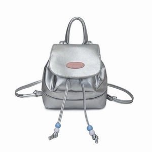 Silver metallic mini backpack for women with bead drawstring and pink logo flap