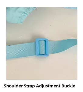 Detail of light blue canvas shoulder strap with adjustable plastic buckle for small bags