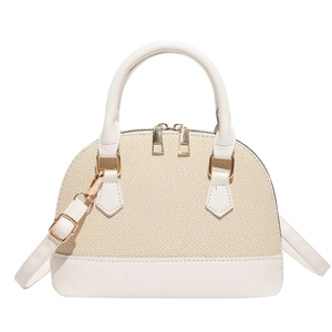 Minimalist beige woven shell bag for women with leather trim and gold zippers