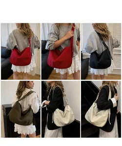 Multi-color collection of large canvas crossbody bags showing different side views
