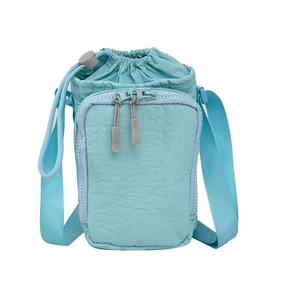 Minimalist light blue nylon crossbody phone bag with drawstring and zip pocket