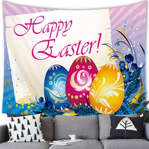 Easter wall tapestry with Happy Easter text and colorful eggs hanging above a sofa