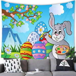 Easter egg decoration tapestry featuring a cartoon bunny painting in a floral garden