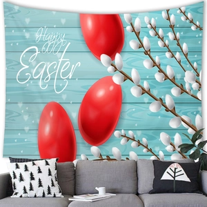 Happy Easter wall tapestry with red eggs and willow branches over a gray sofa