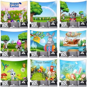 Happy Easter Halloween Decorative Tapestry Polyester Peach Skin Wall Hanging Cartoon Bunny Pumpkin Backdrop For Home Party