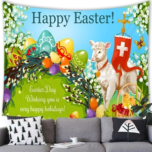 Easter rabbit and lamb wall tapestry with Happy Easter text for home living room decor