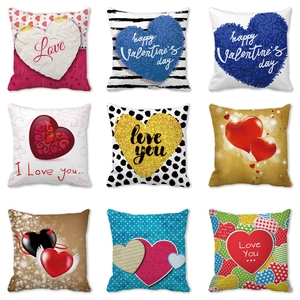 Valentine's Day Heart Pattern Square Cushion Cover Peach Skin Linen Pillowcase Romantic Love Letter Print Throw Pillow Case Home Decor