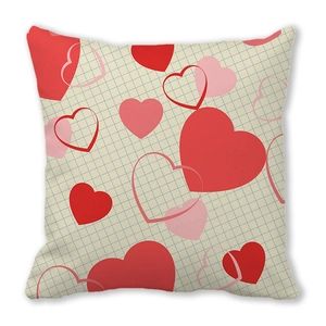 Housse de coussin carrée Saint-Valentin avec cœurs rouges sur motif à carreaux beige