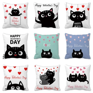 Valentine Day Pillowcase Cushion Cover Peach Skin Fabric Romantic Heart Cartoon Cat Print Square Decorative