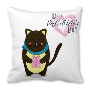 Square peach skin pillowcase with cute cat holding a heart for Valentine's Day decor