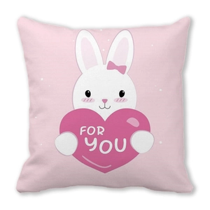 Pink peach skin pillowcase with a cute white rabbit holding a For You heart decoration