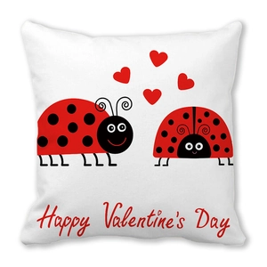 Happy Valentine's Day peach skin pillowcase featuring ladybugs and red hearts on white