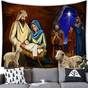 Religieus kerststal wandtapijt met Jozef, Maria en kindje Jezus voor wanddecoratie