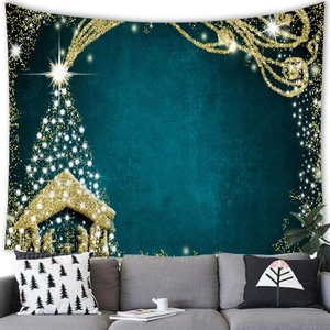 Kerststal wandkleed met gouden sterrenboom op donkergroene achtergrond decoratie