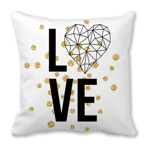White peach skin throw pillow case with black LOVE lettering and golden glitter dots