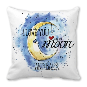 White square pillowcase with watercolor moon heart and I Love You To The Moon And Back text
