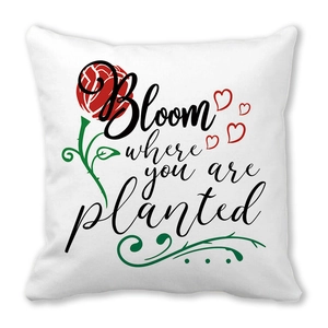 White peach skin pillowcase with red rose heart and Bloom where you are planted print