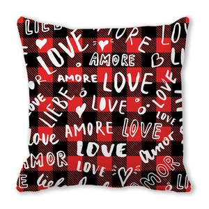 Square Buffalo Plaid Valentines Pillow Cover with Red Black Check and Love Text Prints