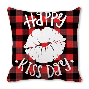 Happy Kiss Day Valentine's red and black buffalo plaid peach skin throw pillow cover