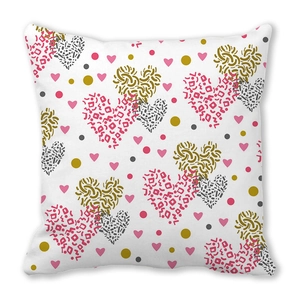 Modern white square pillowcase with geometric heart patterns in pink, gold and grey