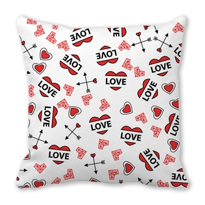 White peach skin pillowcase with red hearts, arrows and LOVE text for Valentine Decor