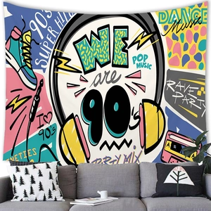 Vintage 90s pop music tapestry with colorful sneakers and headphones for wall decor