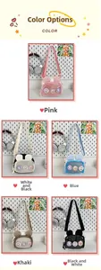 Detail view of five colorful rabbit ear crossbody bags displayed on a white pegboard