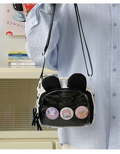 Detail of transparent crossbody bag with cute rabbit ears and badge display window