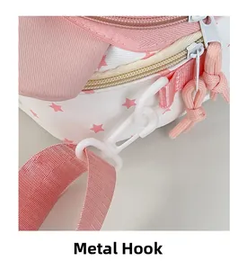 Detail of pink kids bag showing pink strap, metal zipper and star patterned fabric