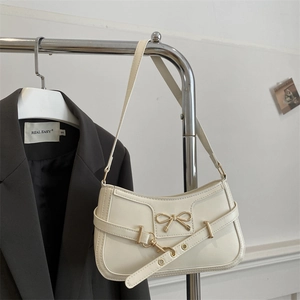 Sac baguette vintage crème avec nœud en métal et bandoulière réglable pour femmes
