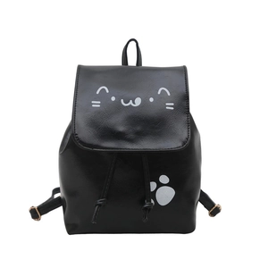 Chic black PU leather backpack with minimalist cat face design and drawstring closure