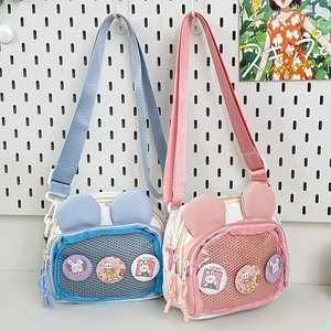Cute Rabbit Ears Nylon Shoulder Bag For Girls Transparent Mesh Ita Bag With Badges Star Print Sweet Crossbody Bag