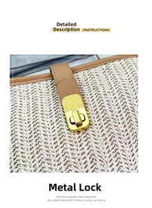 Macro detail of golden metal clasp on woven straw bucket bag with leather trim
