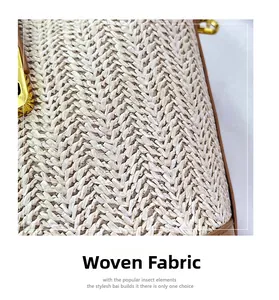 Close-up of woven straw handbag with brown leather piping and herringbone pattern detail