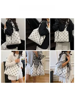 Collage of cream canvas tote bag with black bow print and ruffled shoulder strap
