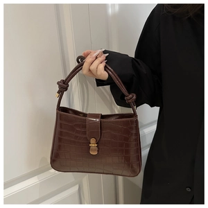 Macro view of dark brown crocodile texture leather bag with vintage gold metal buckle
