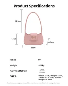 Pink PU shoulder bag size details with bow clasp and dimensions 23cm by 13cm