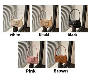 Chic shoulder bags in white, khaki, black, pink and brown with metal bow detail