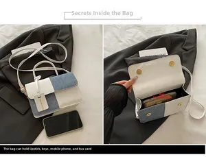 Detail of color block handbag showing magnetic closure and interior storage space