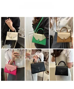Collage of chic square bags in five colors shown as handbag and crossbody styles