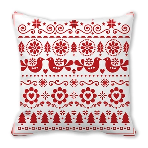 Nordic peach skin throw pillow cover with red folk heart bird pattern on white background