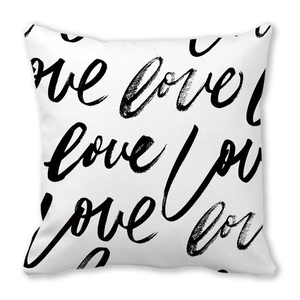 Minimalist white peach skin pillowcase with black Love script pattern for home decor