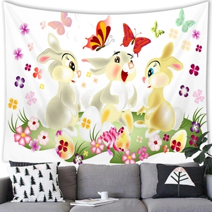 Easter tapestry with cartoon rabbits and colorful eggs for living room wall decor