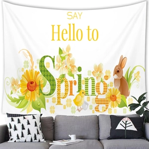 Easter tapestry with 'Say Hello to Spring' text, floral rabbit and chick wall hanging
