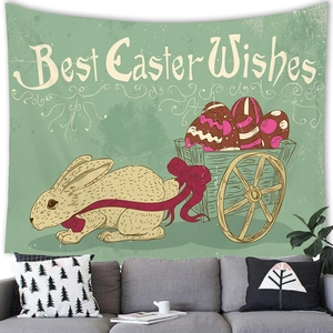 Easter tapestry wall hanging featuring a vintage bunny cart and Best Easter Wishes text